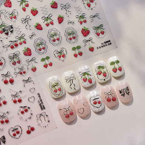 Strawberry Nail Stickers, Gold Strawberry Nail Stickers, Cherry Nail Decals, Cute Fruit Nail Stickers, Fruit Nail Decals, to5066