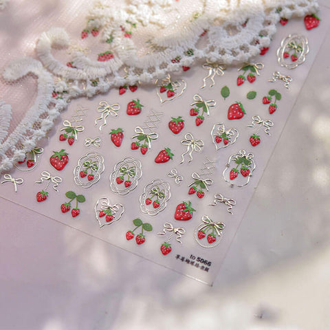 Strawberry Nail Stickers, Gold Strawberry Nail Stickers, Cherry Nail Decals, Cute Fruit Nail Stickers, Fruit Nail Decals, to5066