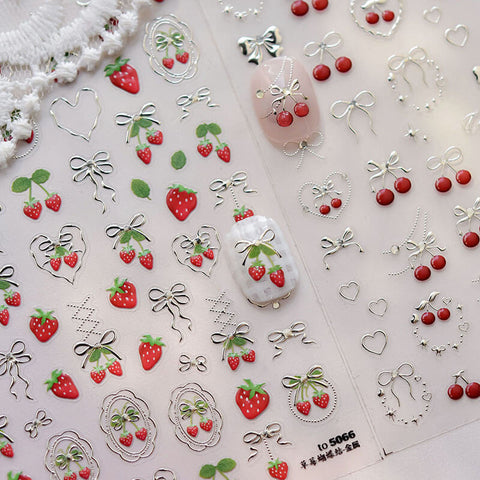 Strawberry Nail Stickers, Gold Strawberry Nail Stickers, Cherry Nail Decals, Cute Fruit Nail Stickers, Fruit Nail Decals, to5066
