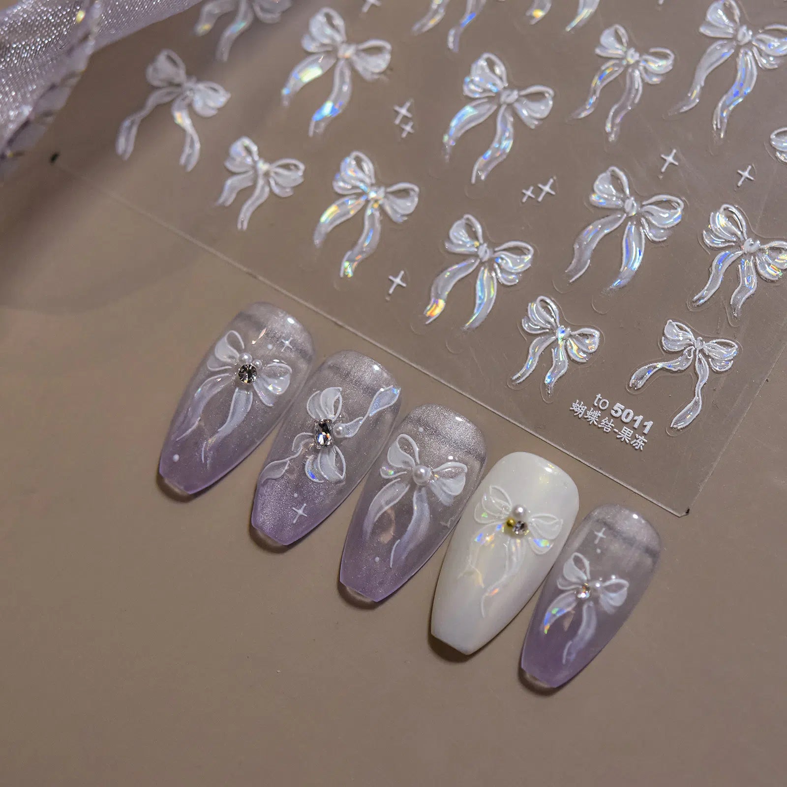 Iridescent Bow Nail Stickers | Romantic Ribbon Nail Art Decals - image 1