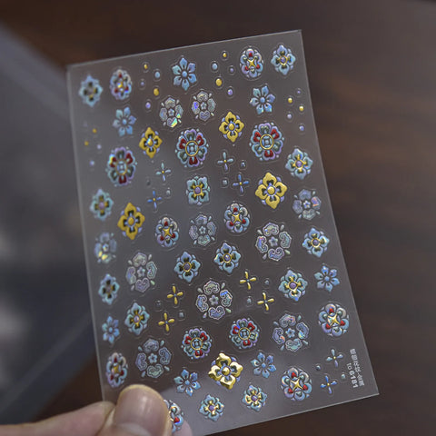 Iridescent Floral Nail Stickers | Chinese-Inspired Metallic Nail Art Decals image