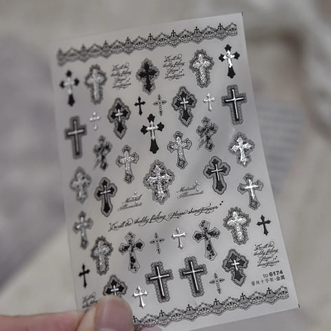Lace Cross Nail Stickers | Metallic Balletcore Nail Art Decals image