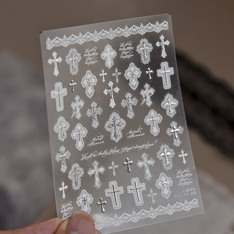 Lace Cross Nail Stickers | Metallic Balletcore Nail Art Decals image