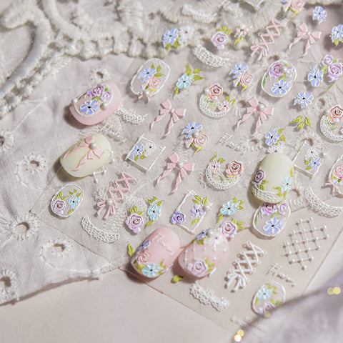 Flower And Lace Nail Stickers, Flower Nail Decals, Aesthetic Nail Art, Lace Nail Decals, Wedding Nail Stickers, Wedding Manicure, to5089
