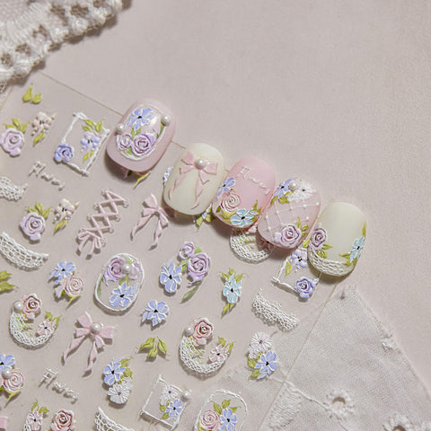 Flower And Lace Nail Stickers, Flower Nail Decals, Aesthetic Nail Art, Lace Nail Decals, Wedding Nail Stickers, Wedding Manicure, to5089