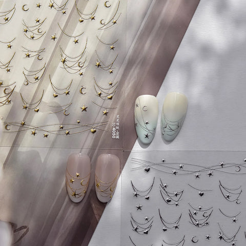 Metallic Star Chain Nail Stickers | Gold & Silver Nail Art Decals - image 4