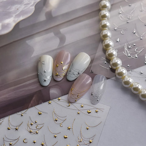 Metallic Star Chain Nail Stickers | Gold & Silver Nail Art Decals - image 5