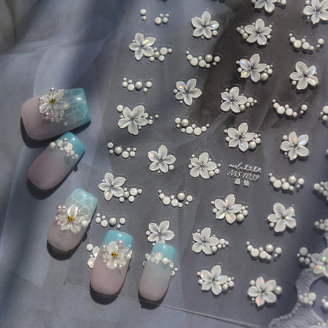 Pearl White Flower Nail Stickers | Elegant Floral Nail Art Decals - image 1