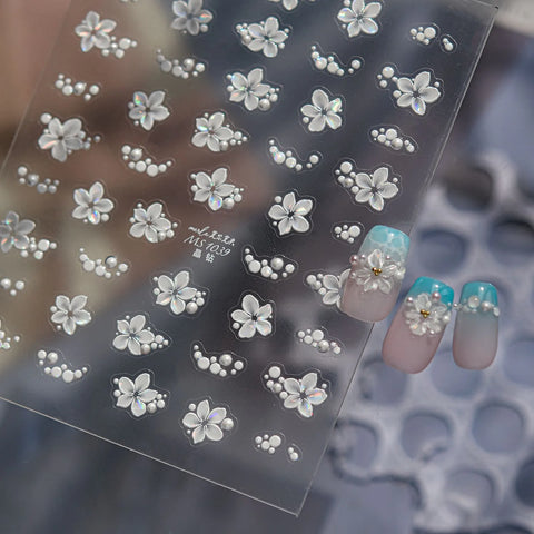 Pearl White Flower Nail Stickers | Elegant Floral Nail Art Decals - image 3