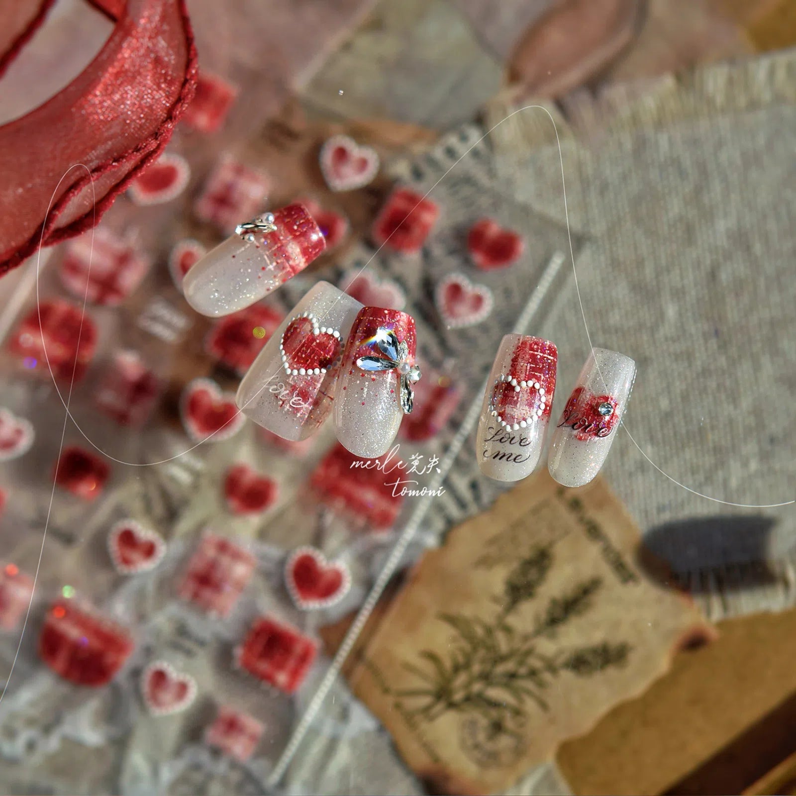 Pink Gingham Heart Nail Stickers | Sweet Coquette Nail Art Decals - image 1