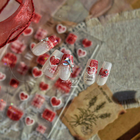 Pink Gingham Heart Nail Stickers | Sweet Coquette Nail Art Decals - image 1