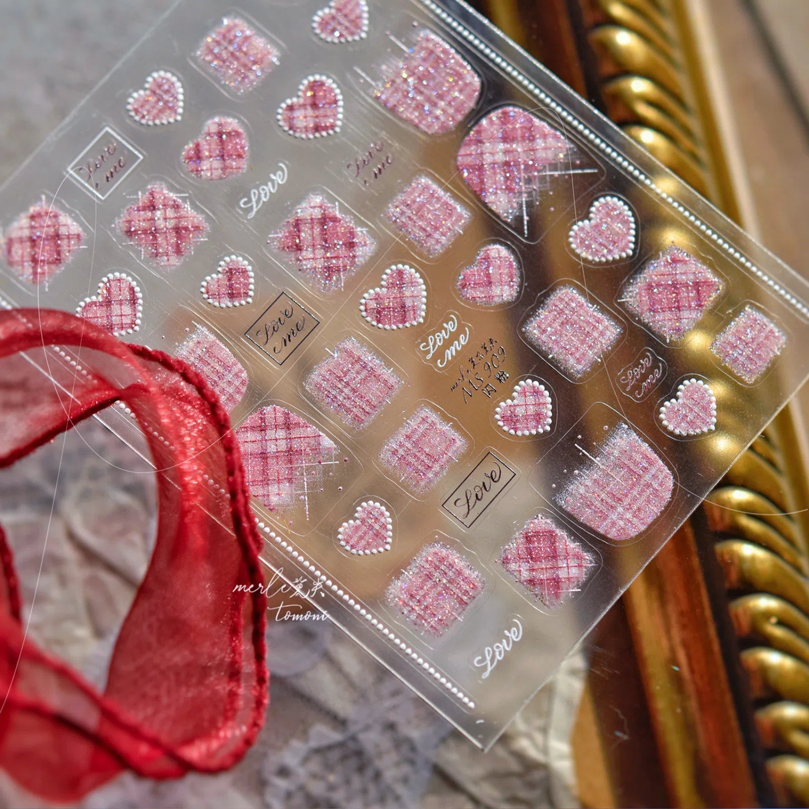 Pink Gingham Heart Nail Stickers | Sweet Coquette Nail Art Decals - image 2