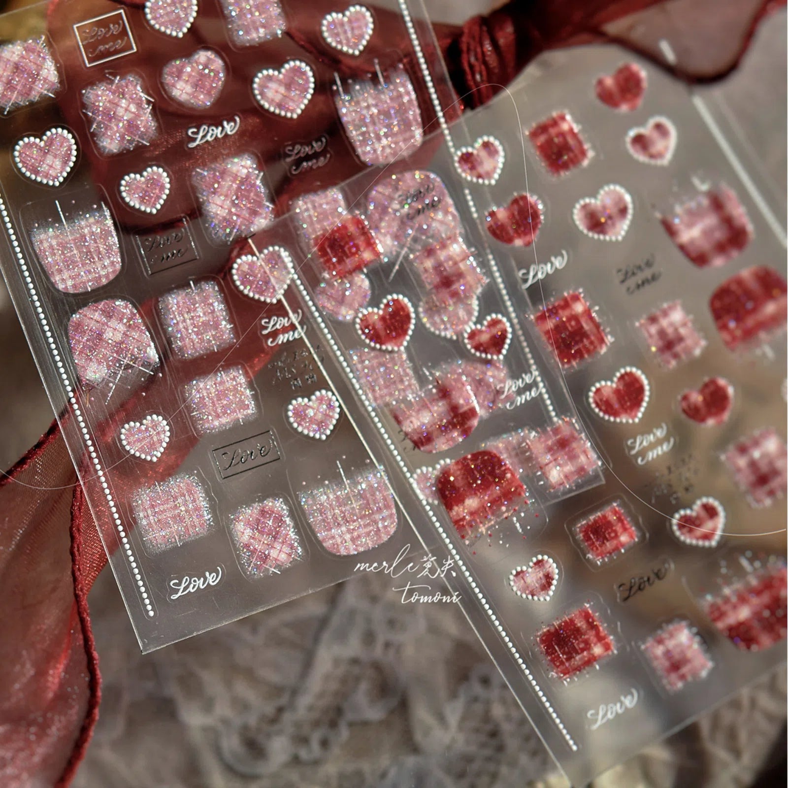 Pink Gingham Heart Nail Stickers | Sweet Coquette Nail Art Decals - image 4