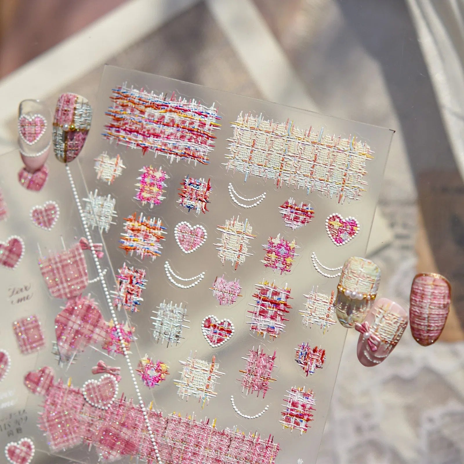 Pink Gingham Heart Nail Stickers | Sweet Coquette Nail Art Decals - image 5
