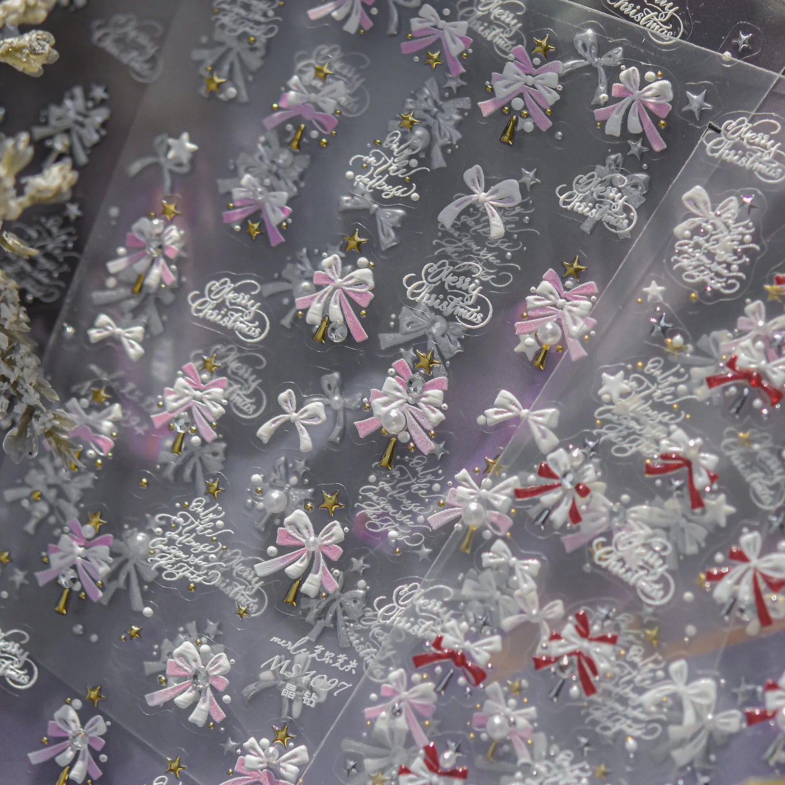 Pink Snowflake Bow Nail Stickers | Crystal Winter Nail Art Decals - image 1
