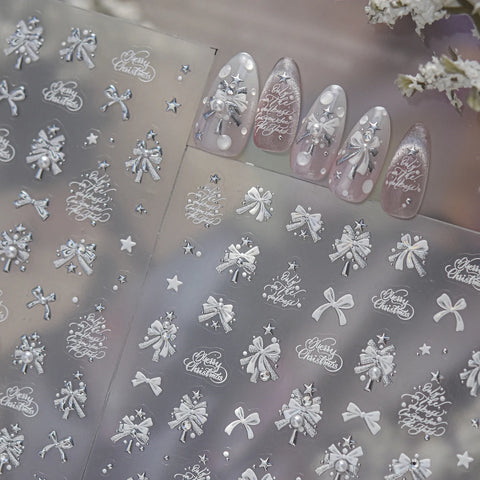 Pink Snowflake Bow Nail Stickers | Crystal Winter Nail Art Decals - image 2