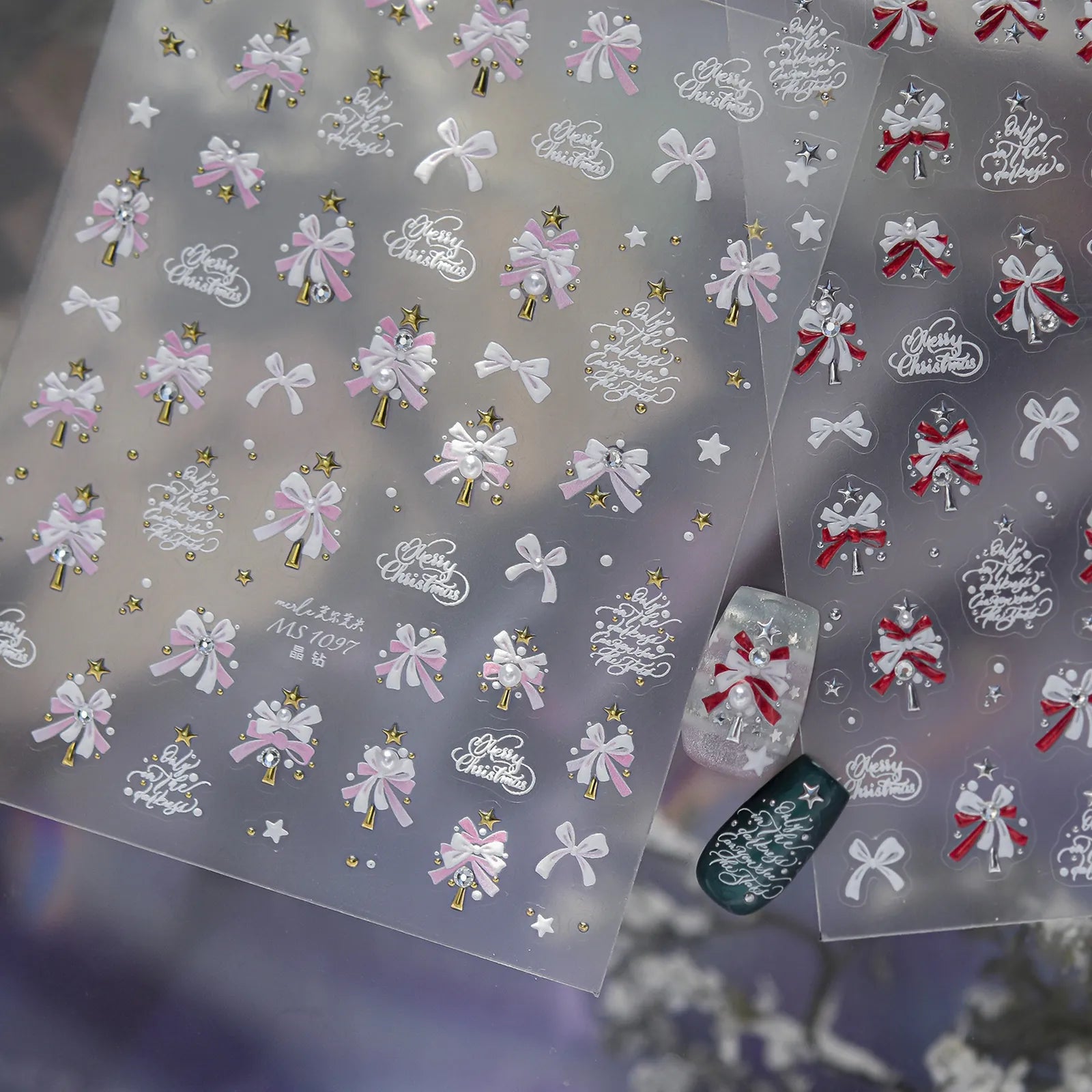 Pink Snowflake Bow Nail Stickers | Crystal Winter Nail Art Decals - image 3