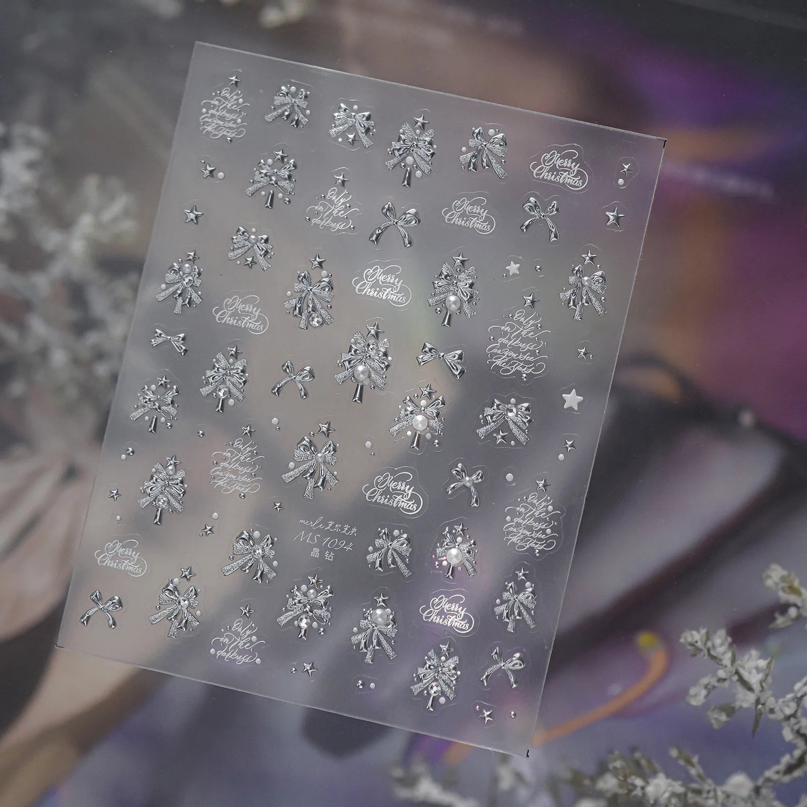 Pink Snowflake Bow Nail Stickers | Crystal Winter Nail Art Decals image