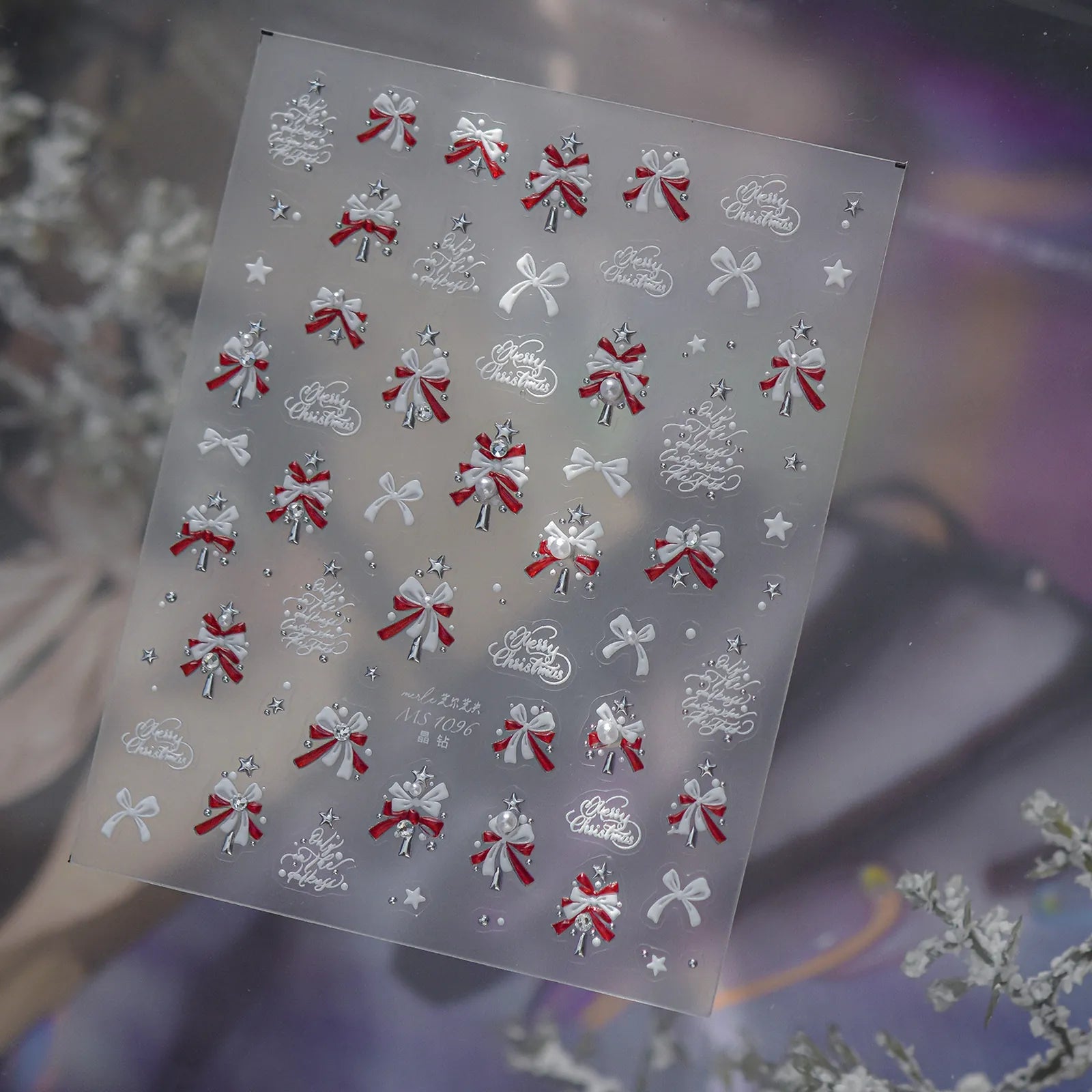 Pink Snowflake Bow Nail Stickers | Crystal Winter Nail Art Decals image