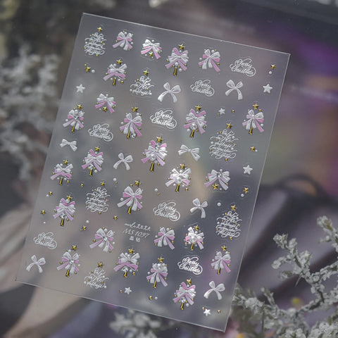 Pink Snowflake Bow Nail Stickers | Crystal Winter Nail Art Decals image