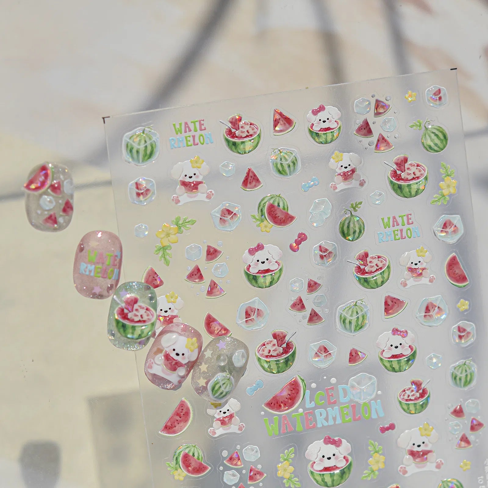 Puppy Watermelon Nail Stickers | Kawaii Fruit Nail Art Decals - image 1