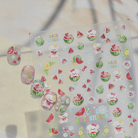 Puppy Watermelon Nail Stickers | Kawaii Fruit Nail Art Decals - image 1