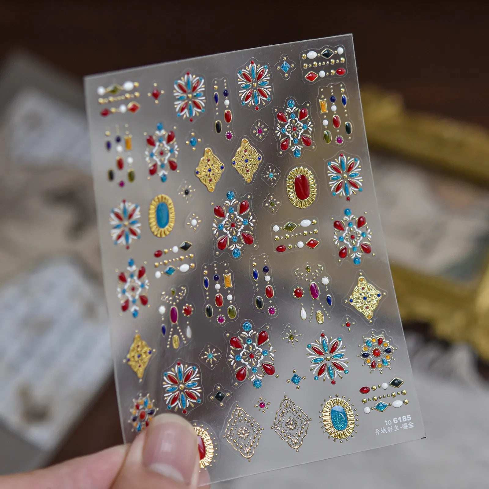 Red Blue Gem Nail Stickers | Metallic Vintage Nail Art Decals image