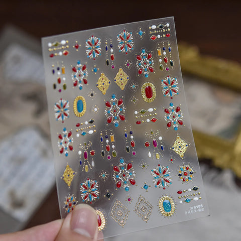 Red Blue Gem Nail Stickers | Metallic Vintage Nail Art Decals image