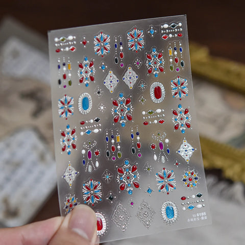 Red Blue Gem Nail Stickers | Metallic Vintage Nail Art Decals image