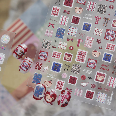 Red Plaid Patch Nail Stickers | Sweet Kawaii Nail Art Decals - image 2