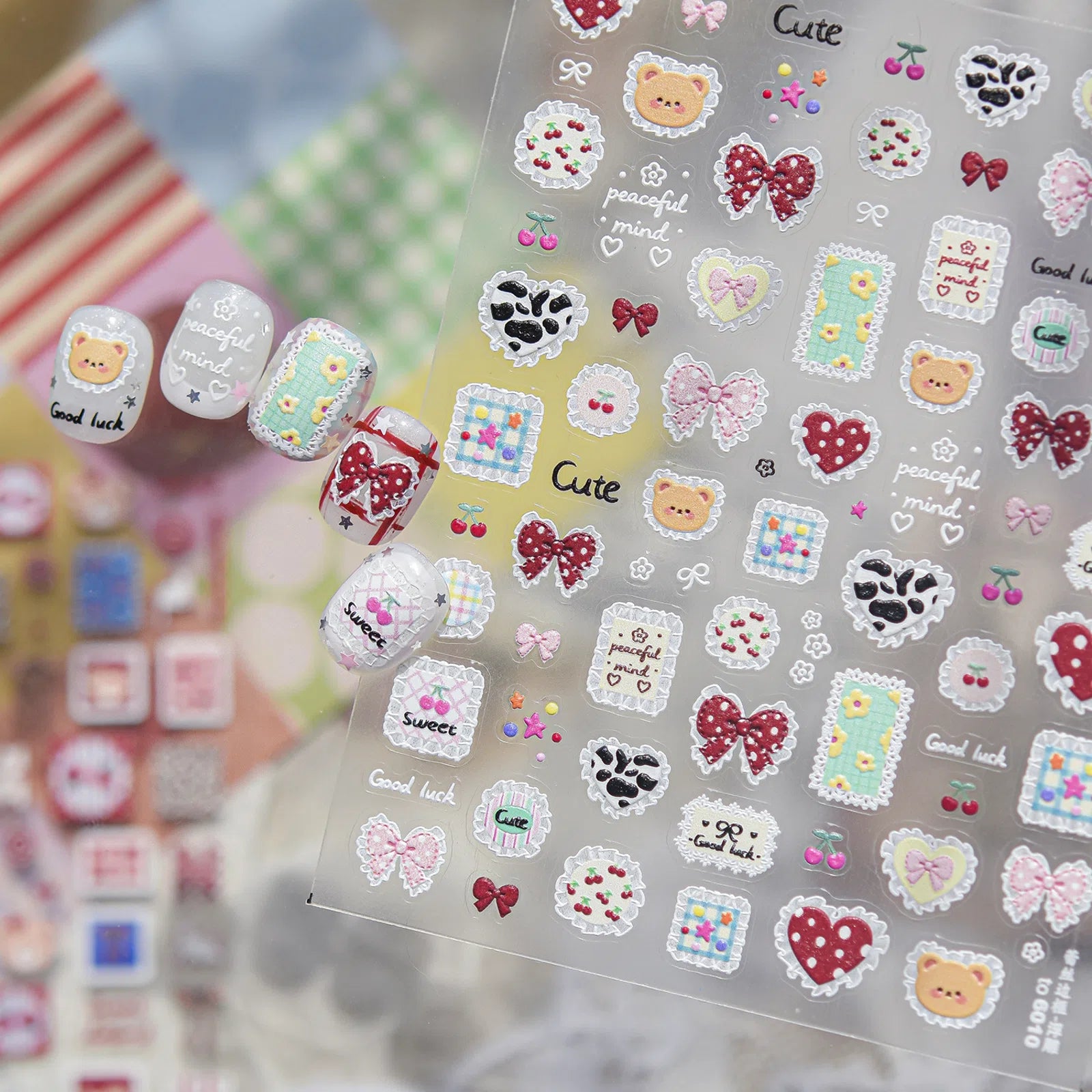 Red Plaid Patch Nail Stickers | Sweet Kawaii Nail Art Decals - image 3