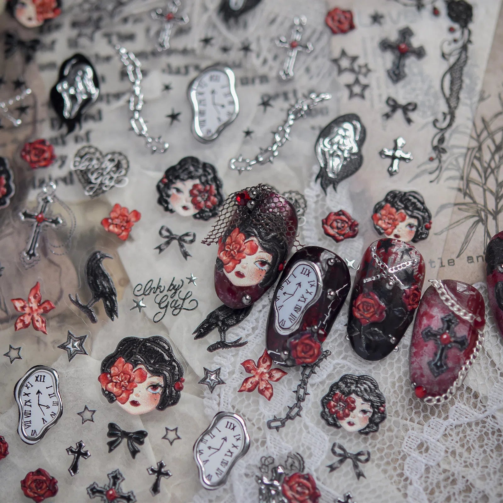 Rose Doll Nail Stickers | Dark Romantic Nail Art Decals - image 1