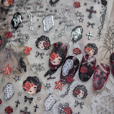 Rose Doll Nail Stickers | Dark Romantic Nail Art Decals - image 1