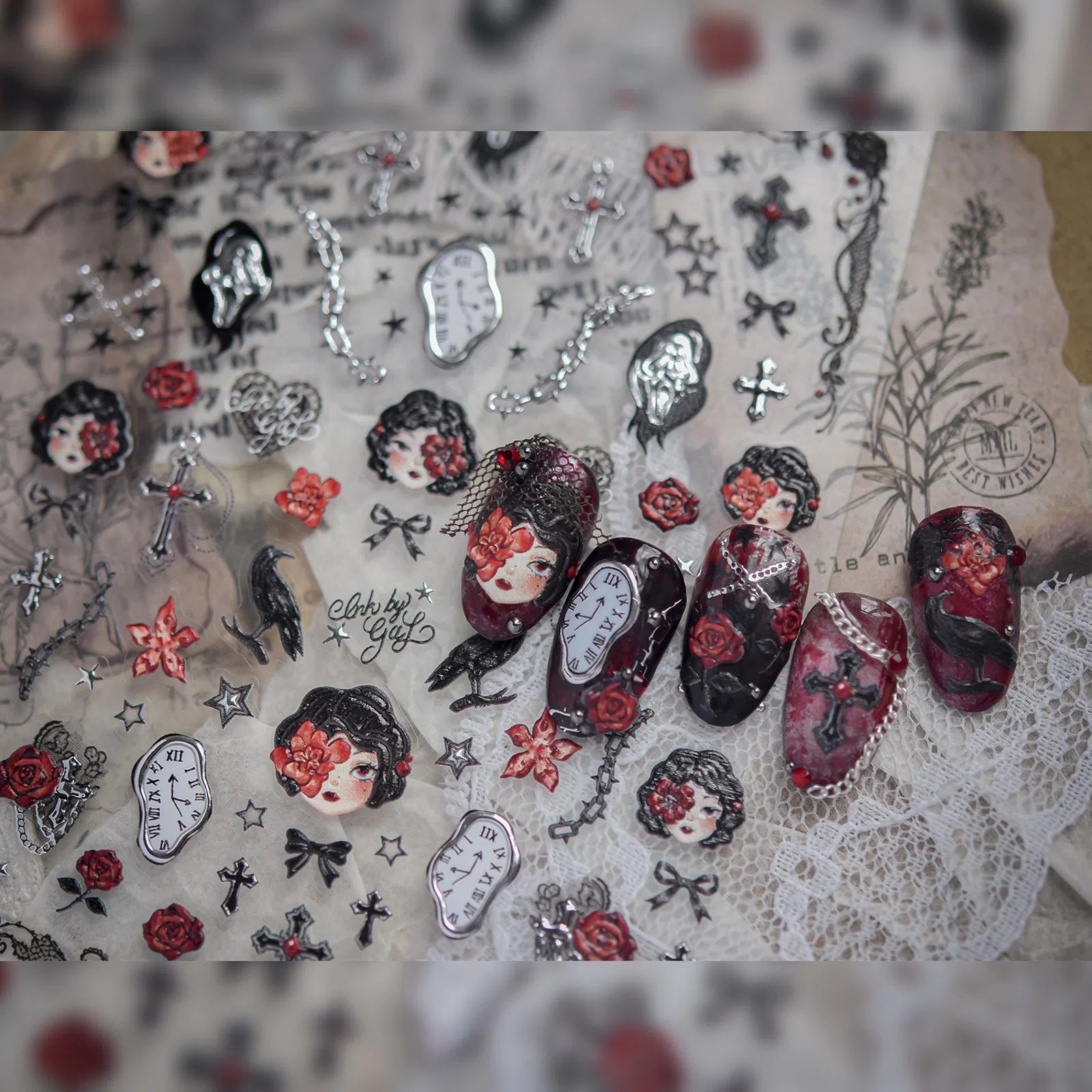 Rose Doll Nail Stickers | Dark Romantic Nail Art Decals - image 2