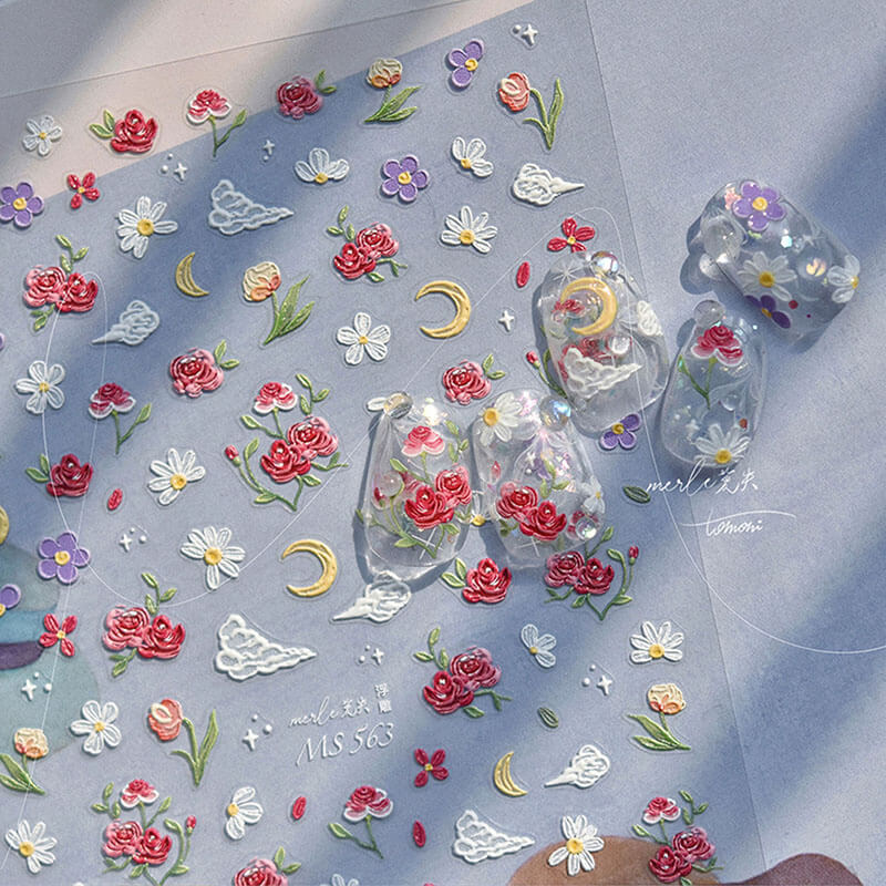 Rose And Daisy Nail Stickers, Rose Nail Decals, Red Rose Nail Stickers, Flower Nail Art Stickers, Embossed Nail Stickers, MS563