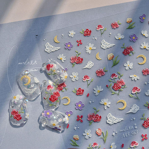 Rose And Daisy Nail Stickers, Rose Nail Decals, Red Rose Nail Stickers, Flower Nail Art Stickers, Embossed Nail Stickers, MS563
