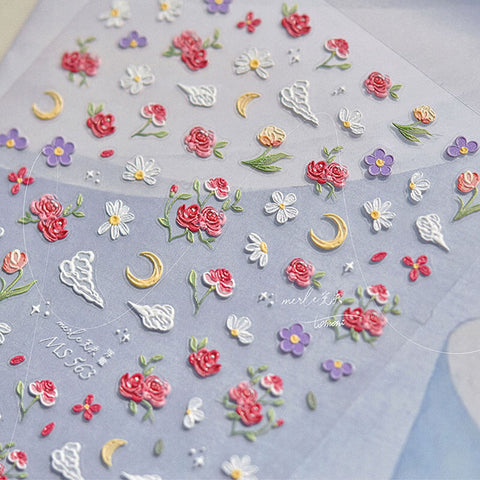 Rose And Daisy Nail Stickers, Rose Nail Decals, Red Rose Nail Stickers, Flower Nail Art Stickers, Embossed Nail Stickers, MS563