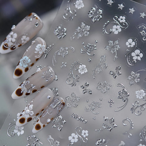 Silver Hibiscus Nail Stickers | Minimal Floral Nail Art Decals - image 1