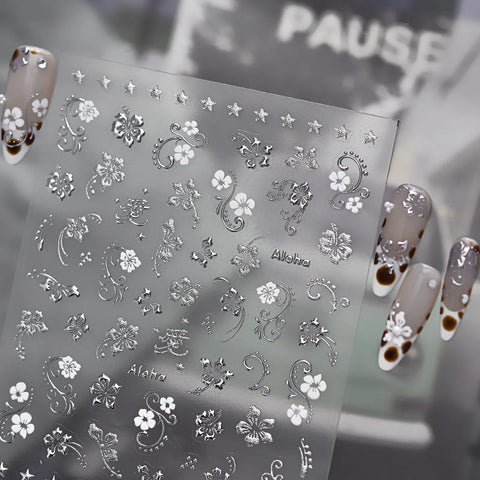 Silver Hibiscus Nail Stickers | Minimal Floral Nail Art Decals - image 3