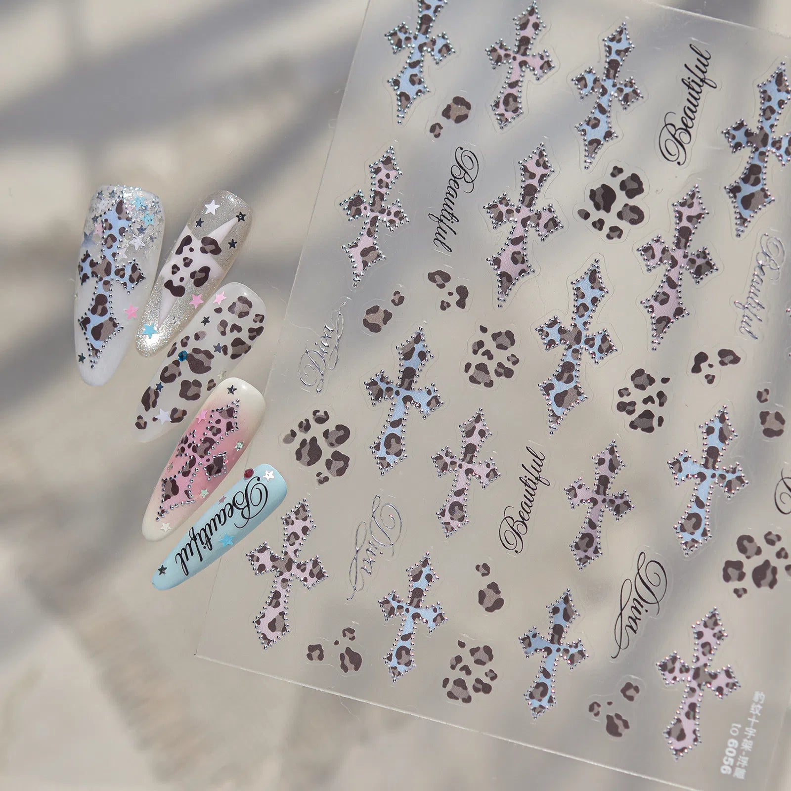 Silver Leopard Cross Nail Stickers | Edgy Grunge Nail Art Decals - image 1