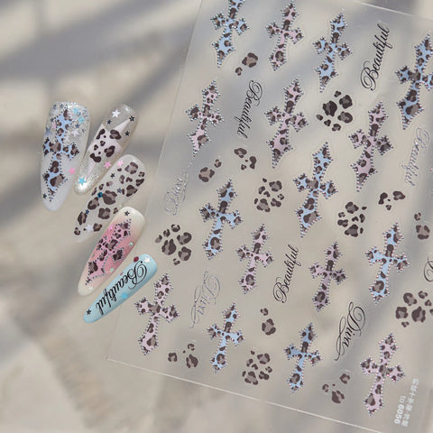 Silver Leopard Cross Nail Stickers | Edgy Grunge Nail Art Decals - image 1