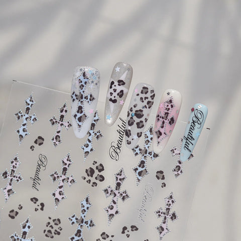 Silver Leopard Cross Nail Stickers | Edgy Grunge Nail Art Decals - image 2