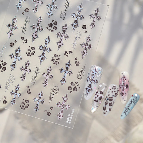 Silver Leopard Cross Nail Stickers | Edgy Grunge Nail Art Decals - image 3