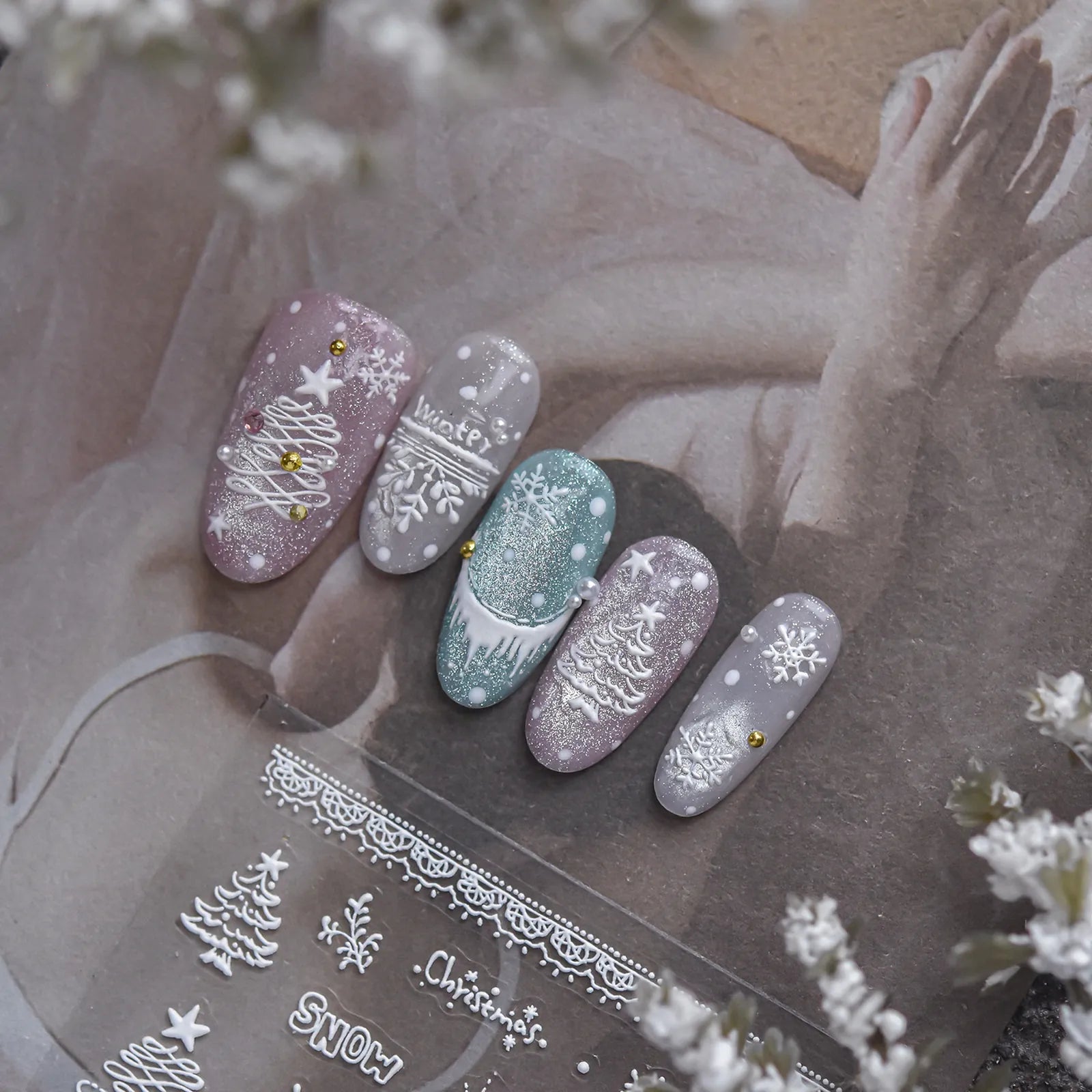 Silver Snowflake Nail Stickers | Embossed Winter Nail Art Decals - image 2