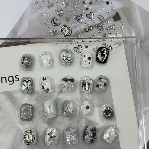 Silver And Dark Nail Stickers, Silver Nail Decals, Silver Heart Nail Stickers, Moon And Star Nail Stickers, to5069