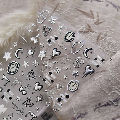Silver And Dark Nail Stickers, Silver Nail Decals, Silver Heart Nail Stickers, Moon And Star Nail Stickers, to5069