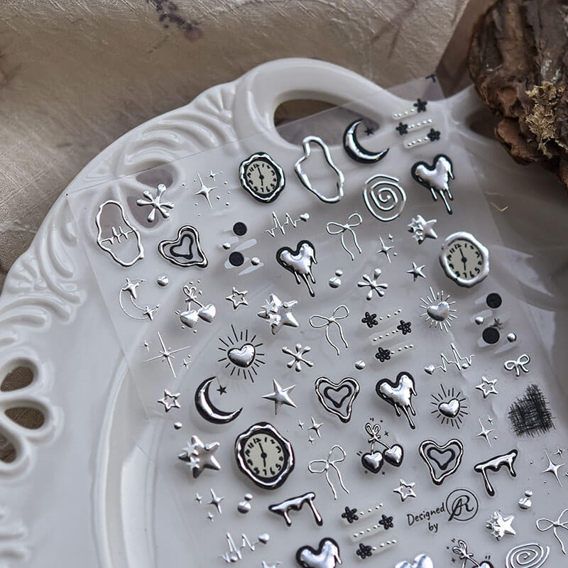 Silver And Dark Nail Stickers, Silver Nail Decals, Silver Heart Nail Stickers, Moon And Star Nail Stickers, to5069