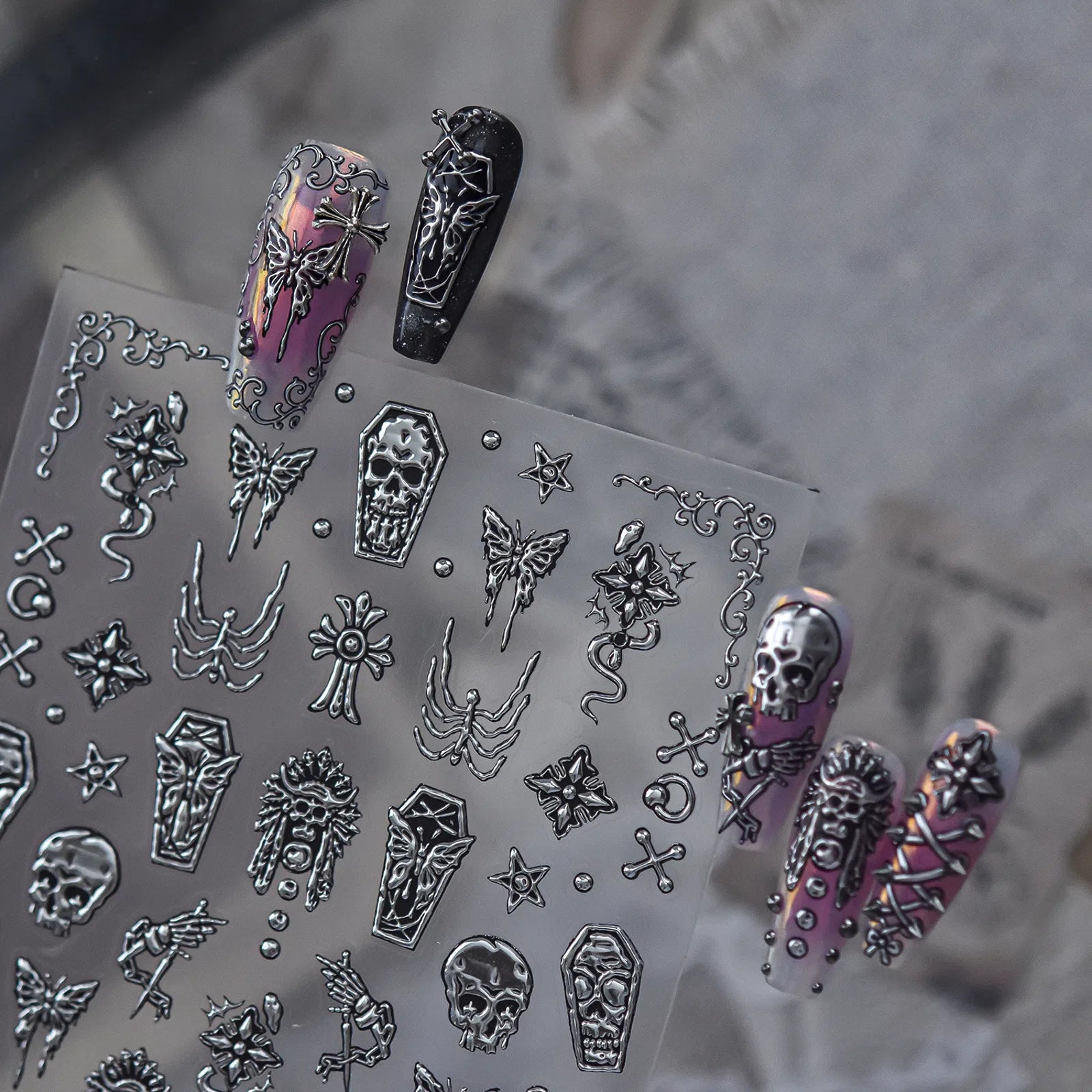 Skull Butterfly Nail Stickers | Dark Grunge Nail Art Decals - image 1