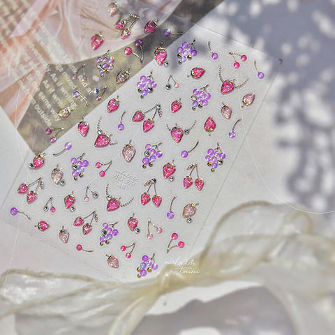 Silver Strawberry Nail Stickers, Strawberry Nail Decals, Cute Fruit Nail Stickers With Crystals, Grape Nail Stickers, MS978