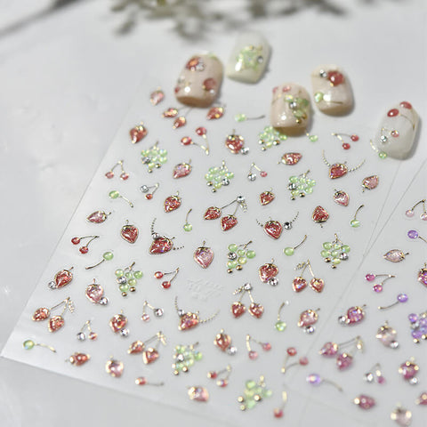 Silver Strawberry Nail Stickers, Strawberry Nail Decals, Cute Fruit Nail Stickers With Crystals, Grape Nail Stickers, MS978